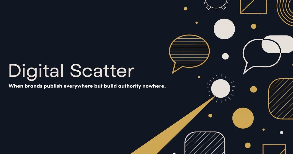Editorial illustration of Digital Scatter: fragmented content pieces and speech bubbles dispersed across a dark navy field, with a single gold signal cutting through the noise.