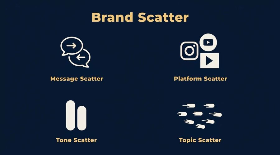 Diagram of the four types of brand scatter: message scatter, platform scatter, tone scatter, and topic scatter.