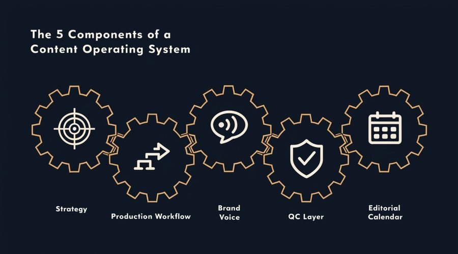 Strategy, Production Workflow, Brand Voice, QC Layer, Editorial Calendar — the five Content OS components