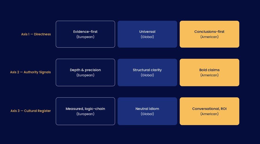 Three axes of Content Temperature: Directness, Authority Signals, Cultural Register — with American, European, and Global defaults
